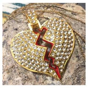 New! Large Golden Rhinestone Heart Pendant Necklace